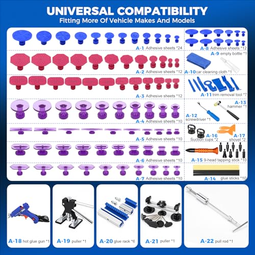 DISEN 155Pcs Paintless Dent Removal Kit, Car Dent Repair Tool Set with Metal Dent Lifter, Bridge Puller, T-Slide Hammer, Glue Gun & 100 Tabs, for Dents, Dings, Creases and Hail Damage