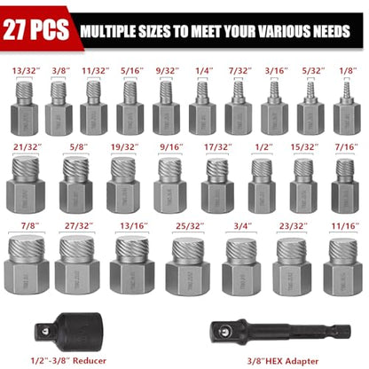27-Piece Screw Extractor Set, 3/8" Inch Drive Easy Out Bolt Extractor kit Multi-Spline Hex Head for Removing Broken Studs Bolts Socket Screws - color: 27-piece