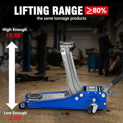 3-Ton Low-Profile Floor Jack Dual-Piston Pump 3.1-18.7in Lift Aluminum Steel Racing Blue Silver for Cars Trucks SUVs - color: Blue,Silver_2