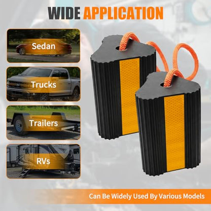 4 Pack Rubber Wheel Chocks for RV Trailer with Rope & Reflective Strips, Heavy Duty Non-Slip Tire Stopper for Camper, Truck, Car, Travel Trailer
