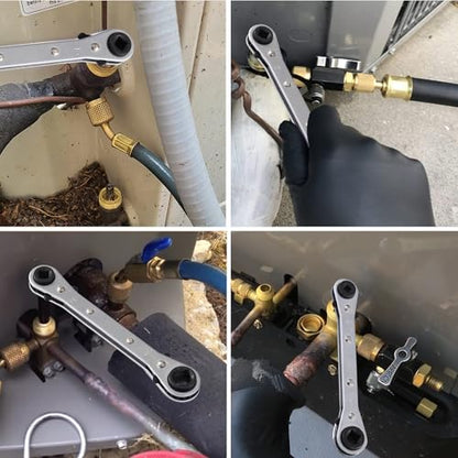 HVAC Service Wrench Set, 4-in-1 Refrigeration Ratchet Wrench with Hex Bit Adapter, Professional AC Service Tools for Air Conditioning Repair & Compressor Valve Maintenance, 3/8" to 1/4" 5/16" 3/16"