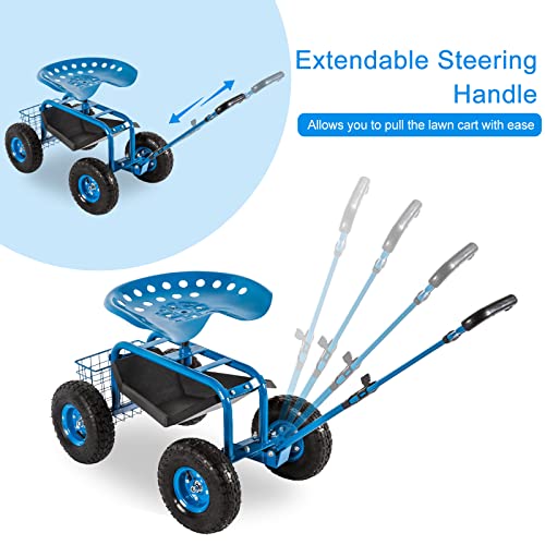 Kinfant Rolling Garden Cart Scooter Stool - Garden Cart with Wheels & Seat, Adjustable Handle 360 Degree Swivel (Blue) - color: Blue