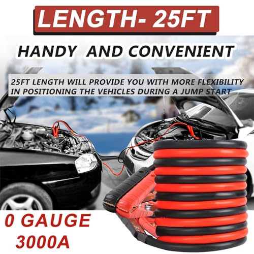 Heavy Duty Jumper Cables, 0 Gauge 25FT Automotive Booster Jumper Cable for 12V/24V Car, SUV &Truck Battery, Jumper Cable with Strong Clamps & Thiekened Inner Core, Carry Bag and Gloves Included - size: 0 Gauge - 25FT
