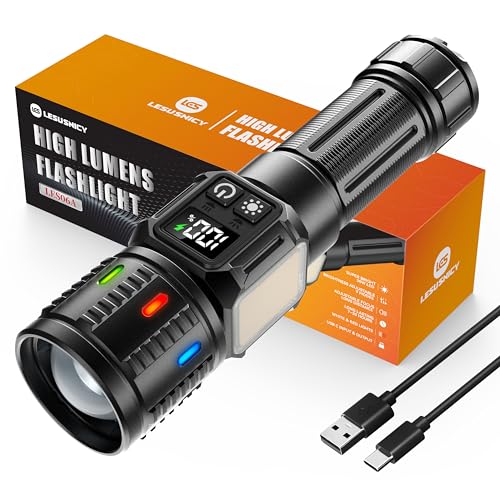 Rechargeable Flashlights High Lumens 100,000, Super Bright LED Flash Light Long Lasting USB C LCD Display, Dual Light Source & Buttons with Red Light, for Camping Hiking Emergency Home Gift