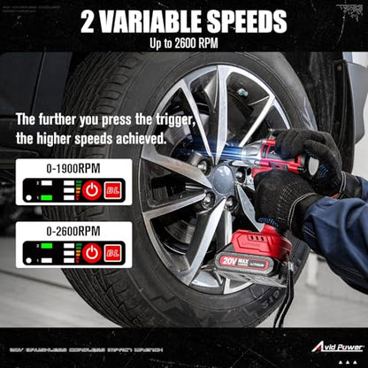 AVID POWER Impact Wrench, 1/2” Impact Gun Brushless Max Torque 332 Ft-lbs (450 N.m), 20V Cordless Impact Wrenches with 2.0 Ah Battery, 2 Variable Speeds, 4PCS Impact Sockets, Charger, Tool Bag