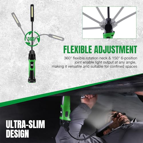 SK Ultra-Slim Flexible Work Light, Magnetic Work Light Rechargeable, 500 LM COB LED Light & 150 LM Spot Light with Hook, 360 ° Rotation, 2600 mAh Battery, Stepless Dimming, for Inspection, Auto Repair