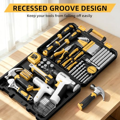 GRENPRO 188PCS Yellow Cordless Drill Tool Set For Men Tool Kit For Home Box | All-In-One Basic Household Tool Box, Glue Gun Accessories DIY, CR-V Steel, Sturdy Storage Case Auto Repair Kit For Men - style: Yellow Power Drill Set 188PC