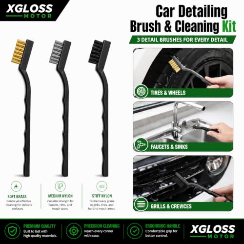 XGloss Motor™ 19-Piece Car Detailing Brush & Cleaning Kit – Drill Brush Set, Detail Brushes, Wheel Brushes, Wash Mitt, Towel, Vent & Dusting Brushes, Applicator Pad & Storage Bag