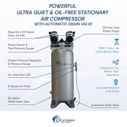 California Air Tools CAT-60040CAD 4.0 HP Ultra Quiet and Oil-Free Air Compressor, 60 Gallon Steel Tank, 75 dBA Noise Level - style: 60 Gallon ASME Tank