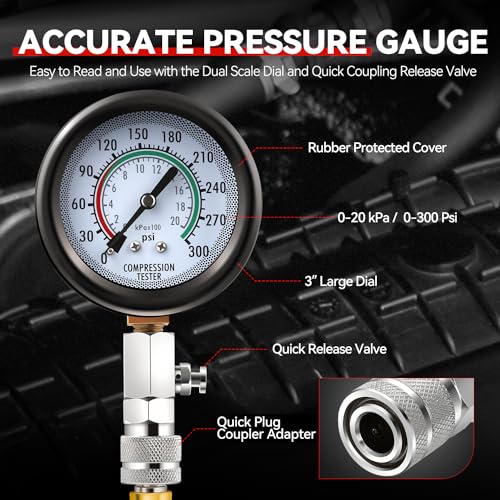 Auto Dynasty 8 Pieces Compression Tester Kit - 3-IN-1 Engine Compression Tester Gauge Automotive Quick and Accurate Cylinder 0-300 PSI Pressure Measurement Tool