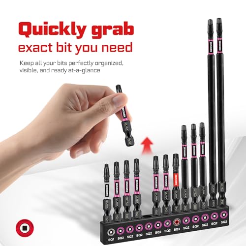 Geinxurn 13pcs Impact #1#2#3 Square Screwdriver Bits Set, 2” 3” 6” (SQ1/SQ2/SQ3) Magnetic S2 Steel Driver Bits Set and 1pc 3” Impact Bit Holder with Color Coded Base - size: 14pcs-Mix-SQ