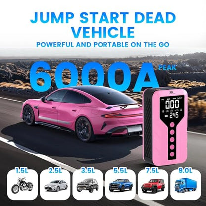 Jump Starter with Air Compressor for All-Terrain Vehicles, Deep Pink, Lithium Ion, 12 Volts, 6000 Amps Peak, 25000mAh - color: Deep Pink