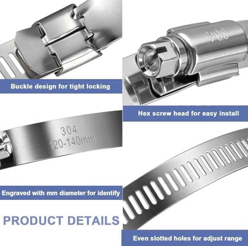 12Pack 5 inch Hose Clamps,Stainless Steel Large Hose Clamp Adjustable from 4-23/32"-5-1/2"/120-140mm,Metal Worm Gear Duct Clamp for Dryer Vent Hose,Fuel Line,Plumbing,Automotive,Exhaust,Radiator - size: 5 inch (4-23/32" - 5-1/2")