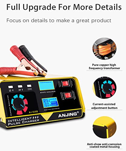 12V 24V Car Battery Charger, 15A Lead-Acid Lithium Battery Charger, Smart Trickle Charger Maintainer, Deep Cycle Battery Repair Charger Automotive Desulfator for Car Motorcycle Truck Boat Lawn Mower - color: 2) - 12V/24V 15Amp (Yellow)