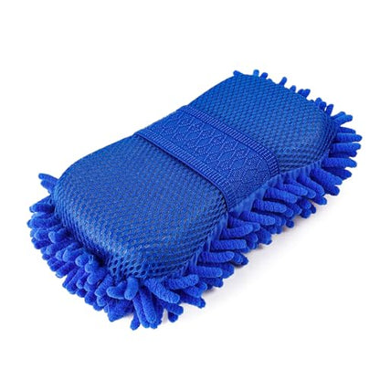Microfiber Car Wash Sponge, Scratch-Free Vehicle Washing Mitt with Chenille & Mesh Sides, Highly Absorbent Sponge Lint-Free Cleaning Tool for Car Washing & Detailing (Blue) - color: Blue