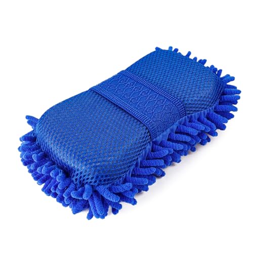 Microfiber Car Wash Sponge, Scratch-Free Vehicle Washing Mitt with Chenille & Mesh Sides, Highly Absorbent Sponge Lint-Free Cleaning Tool for Car Washing & Detailing (Blue) - color: Blue