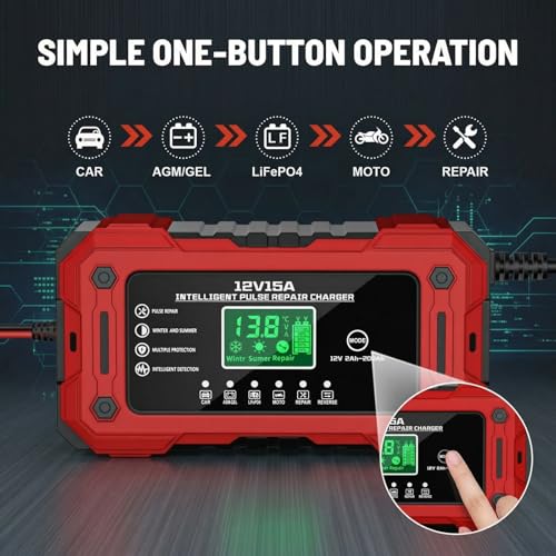Car Battery Charger 12V 15A Smart Trickle Charger Fully Automatic | Battery Maintainer with Temperature Compensation LCD Display 8-Layer Protection for Car Truck Motorcycle Lawn Mower Boat - color: Red
