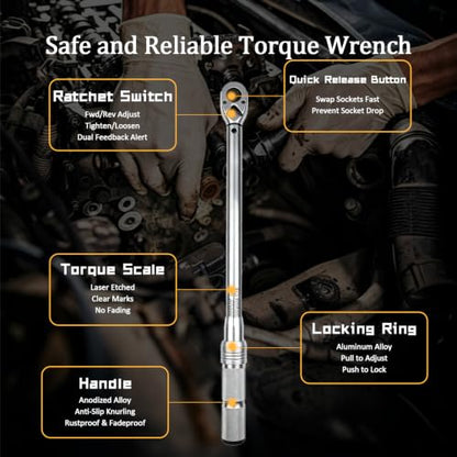 TYD 1/2 Inch Drive Click Torque Wrench Set, 30–210 Nm ±4% Precision | 72-Tooth Dual-Direction Ratchet, Includes 5 Sockets & 5" Extension Bar, Wheel Lug Torque Kit for Car SUV Pickup Truck Repair - style: TGZ-210 30-210N.m 1/2"