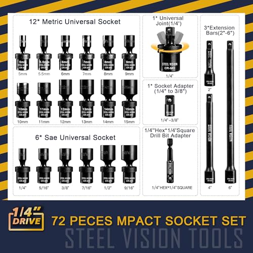 Steel Vision Tools 72-Piece 1/4" Drive SAE & Metric Impact Socket Set, CR-MO Steel, 6-Point Design, Deep & Shallow Sockets, Universal Joint, Extension Bars & Adapters, Black Phosphate Finish - size: 1/4" 72pc