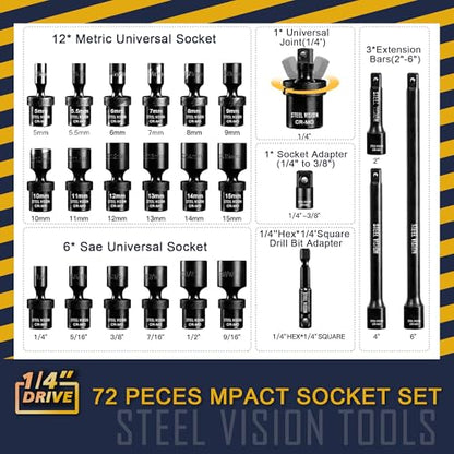 Steel Vision Tools 72-Piece 1/4" Drive SAE & Metric Impact Socket Set, CR-MO Steel, 6-Point Design, Deep & Shallow Sockets, Universal Joint, Extension Bars & Adapters, Black Phosphate Finish - size: 1/4" 72pc