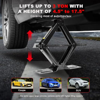 Big RED Car Jack 3Ton/6610 lbs Universal Scissor Jack with Rubber Pad, Portable Tire Changing Kit with Lug Wrench, Emergency Kit for Sedan SUV MPV - size: 3Ton