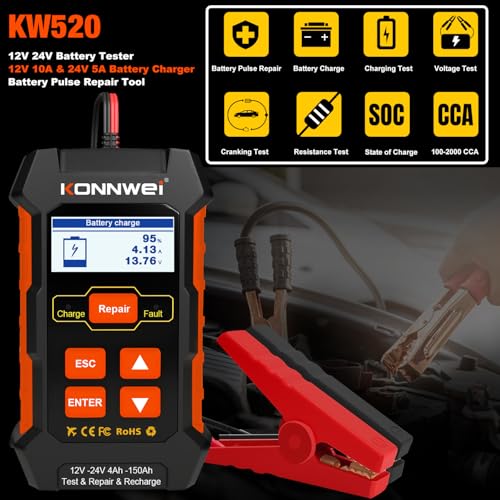 KONNWEI KW520 12V/24V Car Battery Tester, 100–2000 CCA Battery Load Analyzer, Automotive Battery Tester with Cranking, Charging, Alternator & Starter System Test, for Cars, Trucks, SUVs, Motorcycles