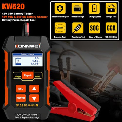 KONNWEI KW520 12V/24V Car Battery Tester, 100–2000 CCA Battery Load Analyzer, Automotive Battery Tester with Cranking, Charging, Alternator & Starter System Test, for Cars, Trucks, SUVs, Motorcycles