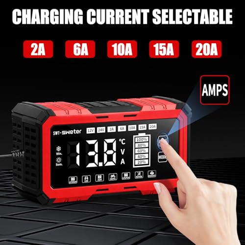 20A Smart Car Battery Charger & 12V/24V Maintainer with 200s Booster -Adjustable Amp Trickle Charger for Lead-Acid, AGM, Gel, LiFePO4 Compatible with 12.6V Lithium-Ion (NMC)