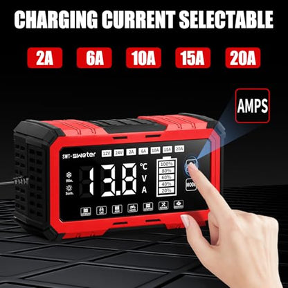 20A Smart Car Battery Charger & 12V/24V Maintainer with 200s Booster -Adjustable Amp Trickle Charger for Lead-Acid, AGM, Gel, LiFePO4 Compatible with 12.6V Lithium-Ion (NMC)