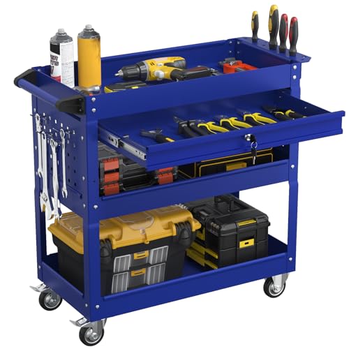 3 Tier Heavy Duty Rolling Tool Cart with Drawers, Large Storage Utility Cart on Wheels for Garage, Warehouse, Repair Shop (Deep Blue) - color: Deep Blue