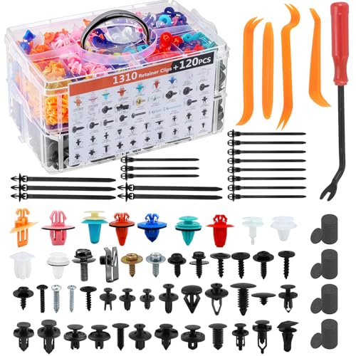 1430Pcs Car Retainer Clips & Plastic Fasteners Kit - 47 Sizes Colorful Auto Push Pin Rivets & Metal Screws with 5 Removal Tools, Cable Ties. 3-Layer Storage Box for GM Ford Honda (1430Pcs) - style: 1430pcs