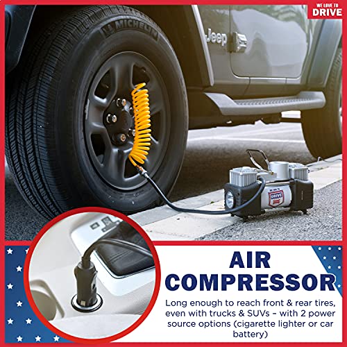 Tire Inflator Portable Air Compressor with Tire Repair Kit – Car Emergency Kit & 12V DC Dual Cylinder Air Pump for Cars, 150 PSI Tyre Pump with Tyre Pressure Gauge, and Car Accessories Air Pump