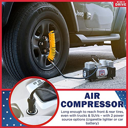 Tire Inflator Portable Air Compressor with Tire Repair Kit – Car Emergency Kit & 12V DC Dual Cylinder Air Pump for Cars, 150 PSI Tyre Pump with Tyre Pressure Gauge, and Car Accessories Air Pump