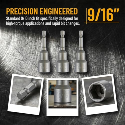 3 PCS 9/16" Impact Magnetic Nut Driver Set, Ultra Magnetic 2.5" (65mm) Long, 1/4" Hex Shank, Heavy Duty Cr-V Steel