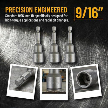 3 PCS 9/16" Impact Magnetic Nut Driver Set, Ultra Magnetic 2.5" (65mm) Long, 1/4" Hex Shank, Heavy Duty Cr-V Steel
