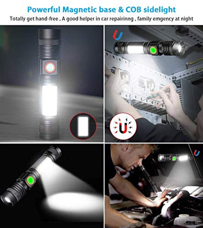 Hoxida Flashlight USB Rechargeable, Magnetic LED Flashlight, Super Bright LED Tactical Flashlight with Cob Sidelight, Waterproof, Zoomable Best Small LED Flashlight for Camping, Emergency Flashlights - color: 2pack Magnetic flashlight