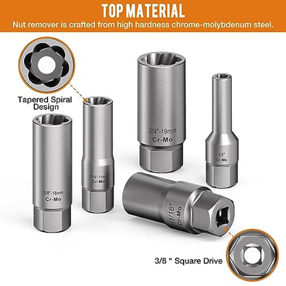 16PCS 3/8" Drive Deep Bolt Extractor Set, Impact Bolt Nut Remover Set, Stripped Lug Nut Extraction Socket Set For Narrow Space Removing Broken, Damaged, Frozen, Rusted, Rounded-Off Bolts, Nuts, Stud - size: 16PCS