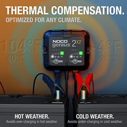 NOCO GENIUS2X2: 4A 2-Bank SmartBattery Charger(2A/Bank)6V/12V Automatic Maintainer,Trickle Charger & Desulfator with Overcharge Protection & Temperature Compensation for Lead-Acid & Lithium(Pack of 2) - size: 4A (2A per Bank) (Pack of 2)