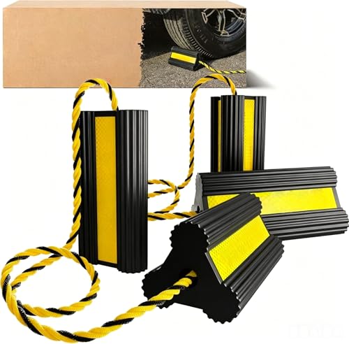Heavy Duty Rubber Wheel Chocks 2-Pack, Non-Slip Tire Wedges for Trucks, RVs, Trailers – Tri-Point Grip with Reflective Strips & Grab Rope