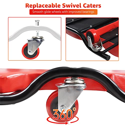 BESTOOL Mechanic's Creeper, 44inch Garage Creeper, 6 Sturdy Casters, Metal Frame Floor Creeper, 450LBS Capacity, Low Profile Design, Headrest,Red - color: Red-Metal frame, size: 44in