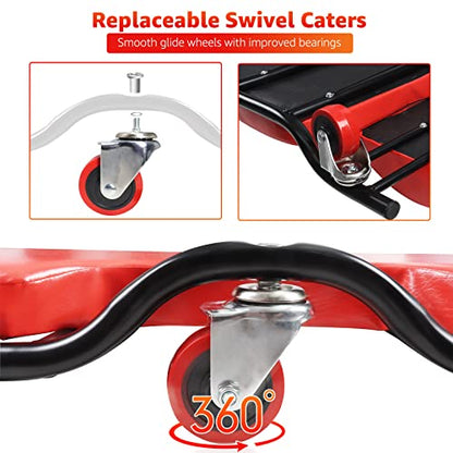 BESTOOL Mechanic's Creeper, 44inch Garage Creeper, 6 Sturdy Casters, Metal Frame Floor Creeper, 450LBS Capacity, Low Profile Design, Headrest,Red - color: Red-Metal frame, size: 44in