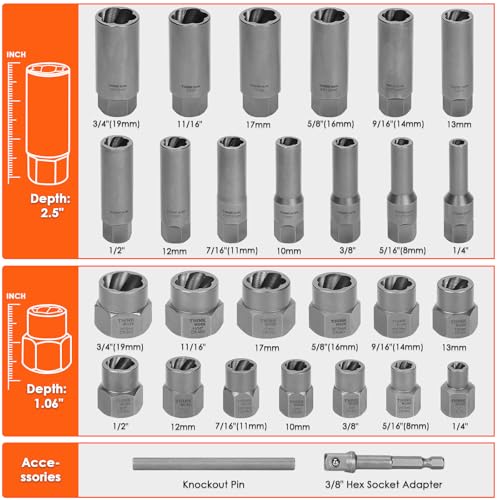 65-Piece Broken Bolt Extractor Kit with Easy Out Screw Extractor Set | for Damaged, Rusted, Rounded-Off, Stripped Fasteners, 8-19mm, Cr-Mo Steel & HSS, with Left Hand Drill Bit Set, Storage Case - size: 65-Piece