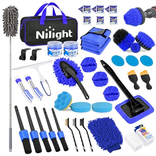 Nilight 52PCS Car Detailing Kit Auto Cleaning Tools Wash Set with Storage Carry Bag Home Use for Interior Exterior Deep Clean Polish Car Care Windshield Dashboard Seat Air Vents Wheels Tires, Blue - color: 52PCS Set, Blue