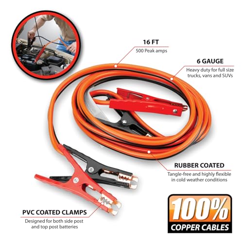 Performance Tool W1668 6GA 16 ft. Battery Jumper Cables - Rubber-Coated 100% Copper Cables, Color-Coded Alligator Jaws, Heavy Duty - style: Industrial