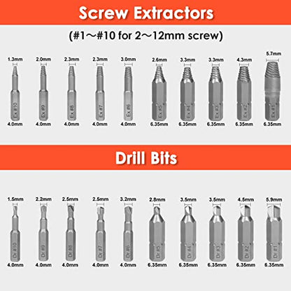 39-Piece Damaged Screw Extractor Set with 3/8" Drive Bolt Extractor Kit | for Damaged, Rusted, Rounded-Off, Stripped Fasteners, 2-21mm, Cr-Mo Steel & HSS 6542, Reverse Spiral Flute, Storage Case