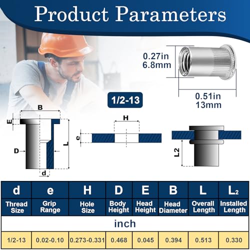 1/2''-13 UNC Rivet Nut, 10Pcs 304 Stainless Steel Flat Head Rivnut Threaded Insert Nutsert - color: Silver, size: SAE 1/2"-13 - 10 Pcs