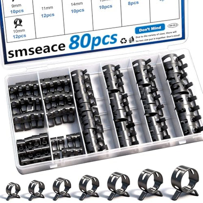 smseace Spring Hose Clamp Assortment kit 7-18mm 8-sizes Constant Tension Hose Clamp used for Fuel Line，Vacuum Hose，Air Hose Spring Band Hose Clamp Kit - size: 7-18mm 80Pcs