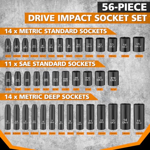1/4" Drive Impact 56-Piece Socket Set, Standard SAE (5/32 to 9/16 inch) & Metric (4-15mm), 6 Points, CR-V, 1/4-Inch Drive Ratchet Handle, Drive Extension Bar & Impact Universal Joint with Case - style: 1/4" 56-Piece Impact Socket Set
