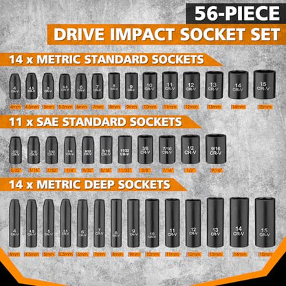 1/4" Drive Impact 56-Piece Socket Set, Standard SAE (5/32 to 9/16 inch) & Metric (4-15mm), 6 Points, CR-V, 1/4-Inch Drive Ratchet Handle, Drive Extension Bar & Impact Universal Joint with Case - style: 1/4" 56-Piece Impact Socket Set