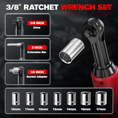 3/8" Electric Ratchet Wrench Cordless 21V, 55 Ft-lbs Brushless Ratchet Wrenches with Extension Bar, Adapter, 7 Sockets, LED Light, 70 N.M High Torque Ratchet Tool Set with 2 Batteries & Charger